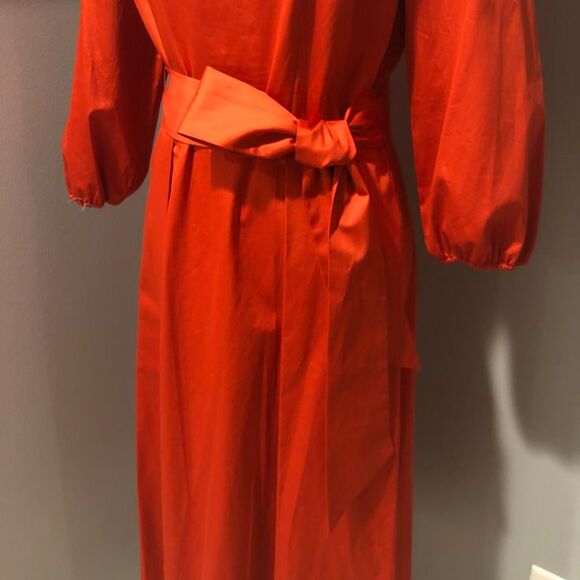 Elie Tahari Orange Midi Knee Length Fit Flare Pockets Belted Cotton Dress Size 6 - Picture 9 of 16